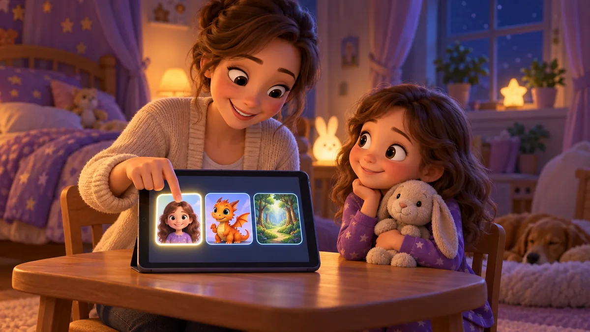 Eine Mutter wählt auf dem Tablet die Angaben für ein persönliches Märchen aus.
