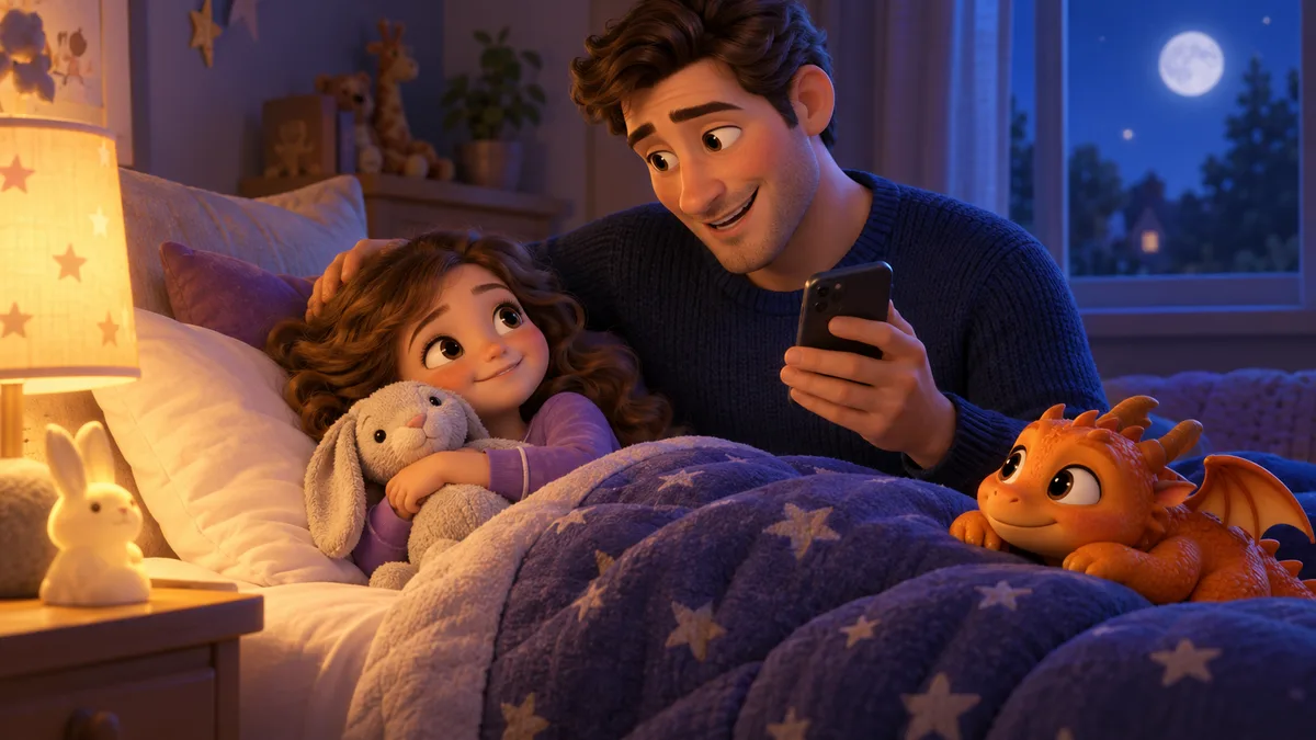 Ein Vater liest seinem Kind im Bett ein Märchen vom Smartphone vor.