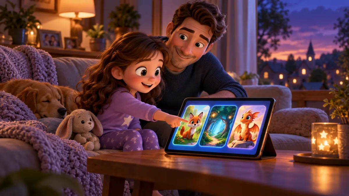 Ein Vater und sein Kind wählen auf einem Tablet zwischen Tier-, Wald- und Drachenmärchen.