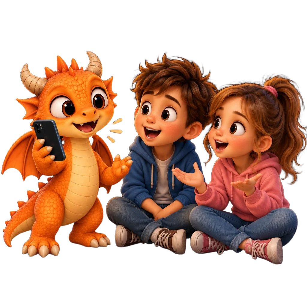 A friendly dragon holds a smartphone and sits with two children who are listening eagerly.