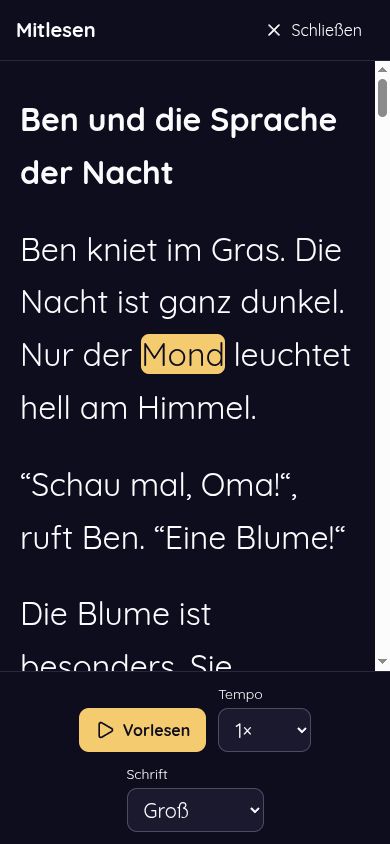 SchlummerMärchen Lesen üben App: große Schrift, das hervorgehobene Wort Mond und Einstellungen für Vorlesetempo und Schriftgröße.
